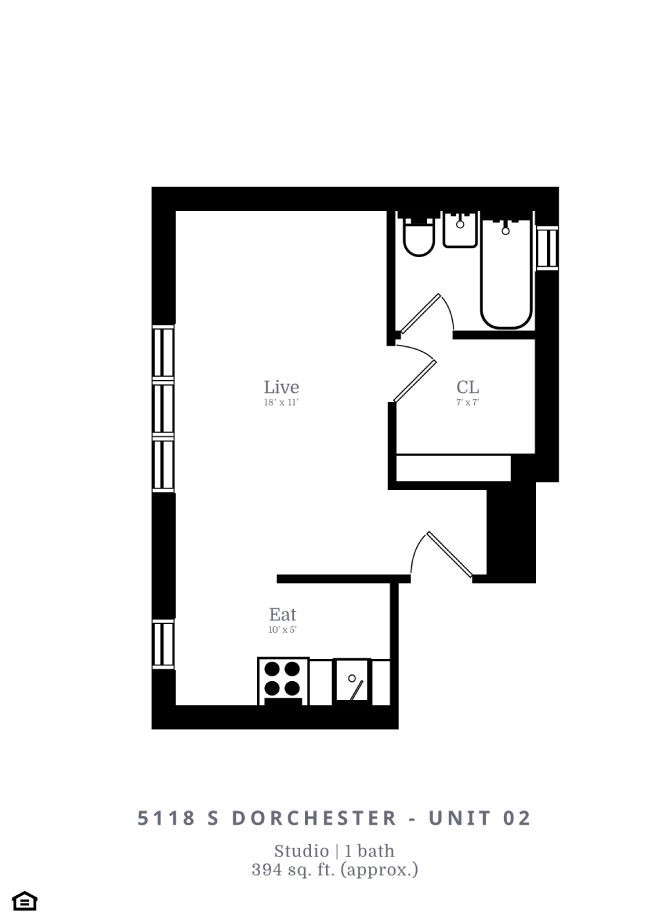 Floor plan for studio, 1 bath, 394 sqft